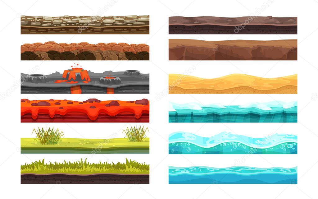 Asset texture different ground form layer set. Seamless landscape with stones, water, ice, snow, dirt, green grass, magma, desert, volcano. Earth scenery cover for gaming floor cartoon vector