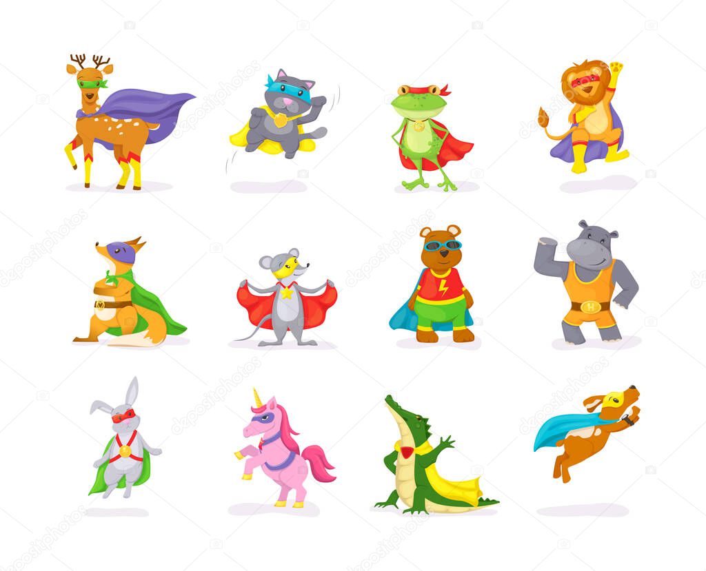 Funny animals wearing superheroes capes and masks set. Cute childish comic deer, cat, frog, lion, fox, mouse, bear, hippopotamus, rabbit, unicorn, crocodile and dog strong powerful heroes flat vector