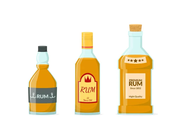 Bouteilles Verre Collection Rhum Illustration Vectorielle Plate Liquide Alcoolique Rhum — Image vectorielle