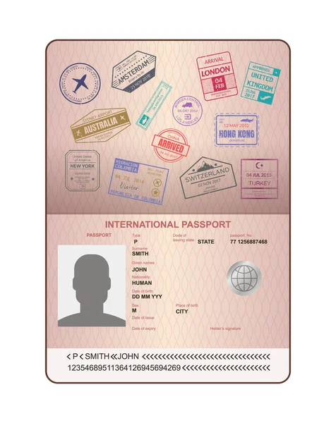 Sello Pasaporte Para Viajar Pasaporte Abierto Visa Llegada Internacional Sellos — Vector de stock