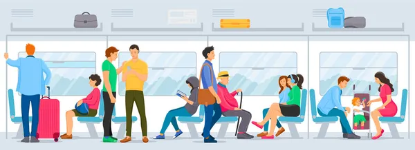 人们坐在地铁里 站在地铁里 — 图库矢量图片