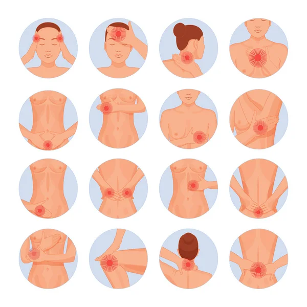 Corpo Femminile Zona Dolorosa Cerchio Impostato Donna Malata Mal Testa — Vettoriale Stock