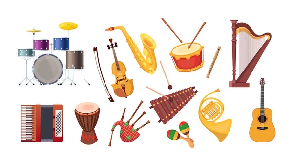 Set Diverse Muzikale Metalen Akoestische Instrumenten Viool Tamboerijn Harp Trombone — Stockvector