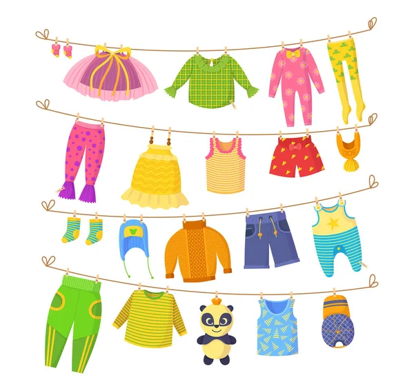 Clean Child Small Clothes Cloth Rope Kids Dry Clothing Clothesline — Stock Vector