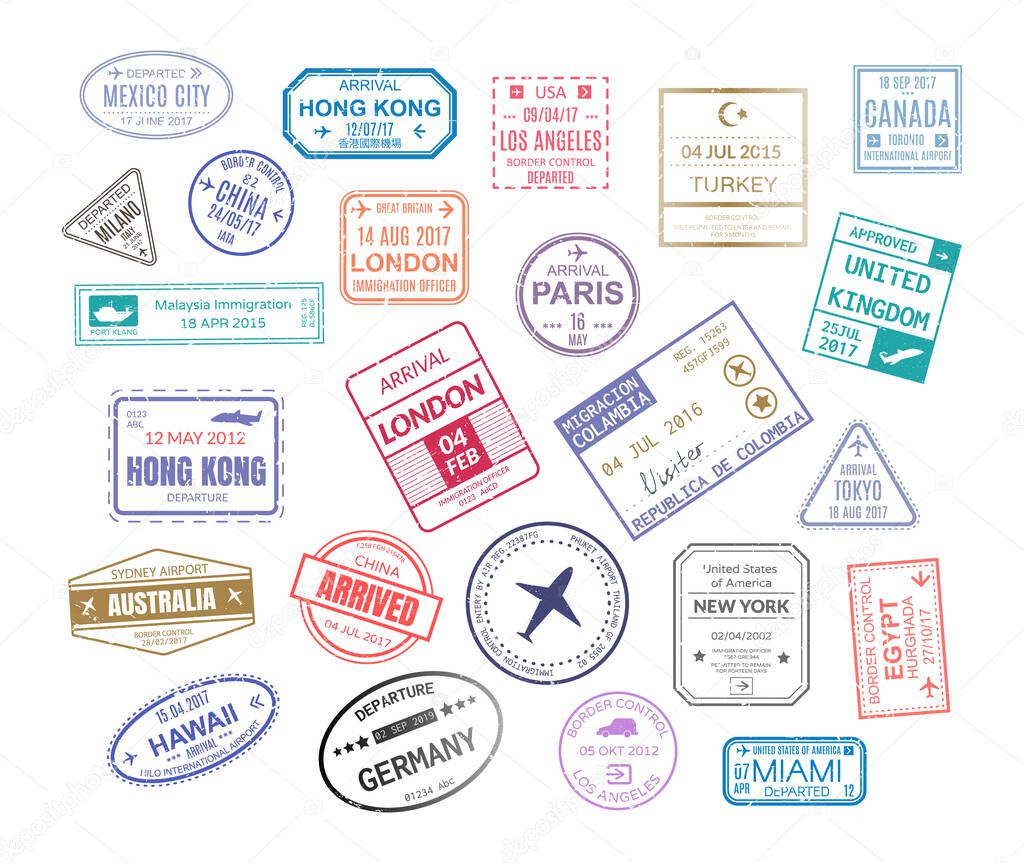 International arrival visa stamps vector set with Paris, London, Mexico, Hawaii, United kingdom