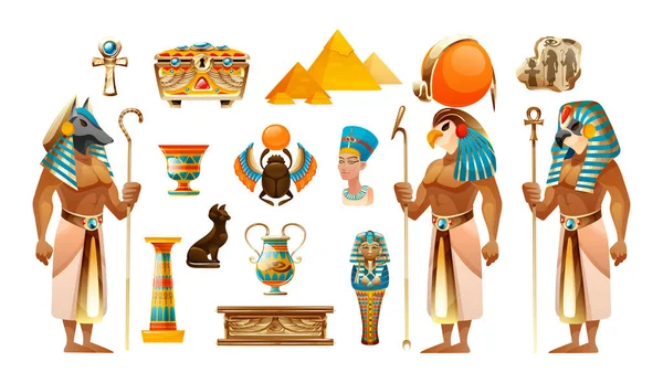 Eski Mısır Seti Mısır Eski Sembolleri Kutsal Hayvanlar Kedi Böcekler — Stok Vektör