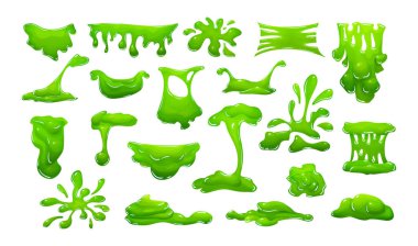Realistic green slime in shape of dripping blob splashes smudges. Green goo toxic slimy liquid which is dripping, stretching. Radioactive spots and drops vector cartoon clipart