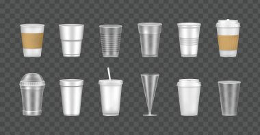 Boş şeffaf bardaklar. Makyaj kağıdı, plastik kullan-at 3D gözlükler soğuk ve sıcak içecekler için. Meyve suyu, çay, kahve vektörü illüstrasyonu için plastik kap modelleri.