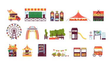 Yaz festivali, lunapark, festival. Sirk çadırı, kumar makinesi, büfe, yemek, dondurma, dönme dolap, çocuk oyun alanı vektörü olan festival eğlenceleri