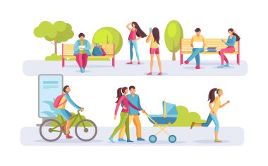 İnsanlar yaz parkı setinde eğlencenin tadını çıkarıyorlar. Aile, erkek, kadın ve çocuk yürüme, koşu, bisiklet sürme, fotoğraf çekme, çalışma, çalışma, sohbet akıllı telefon düz vektörü