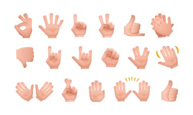 Farklı eller, işaret seti. İnsan kolu parmakları sembol göstererek kabul ediyor, avuç içi, barış, alkış, alkış, serin, kaya, baş parmak aşağı, el sallama. Vücut dili hareketli düz vektör