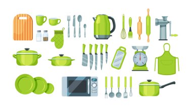 Yemek pişirme, metalik ve seramik mutfak çanakları için mutfak gereçleri. Mutfak gereçleri yemek pişirme aletleri, yemek pişirme ekipmanları, bardaklar, tabaklar, kaseler, bıçaklar, çatal bıçak takımı, kap, kıyma makinesi, mikser vektörü