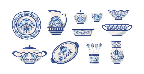 ヴィンテージ装飾絵画クロックセット 花模様で装飾された青い磁器プレート ボウルと瓶 セラミック皿に花のレトロペイント 陶器ロシアの伝統的なデザイン漫画ベクトル — ストックベクタ