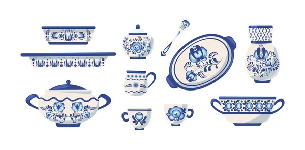 Set Vajilla Pintura Decorativa Vintage Platos Porcelana Azul Cuencos Tarro — Archivo Imágenes Vectoriales