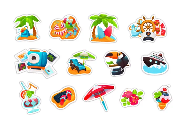 Funny Summer Vacation Tropical Stickers Set Cute Icons Palm Tree — Stock Vector