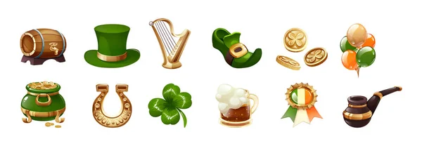 Feliz Set San Patricio Elementos Tradicionales Irlandeses Vacaciones Verde Sombrero — Vector de stock