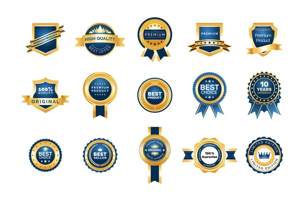 Realistyczna Jakość Produktu Złoty Emblemat Zestaw Odznaki Etykiety Premium Wybór — Wektor stockowy