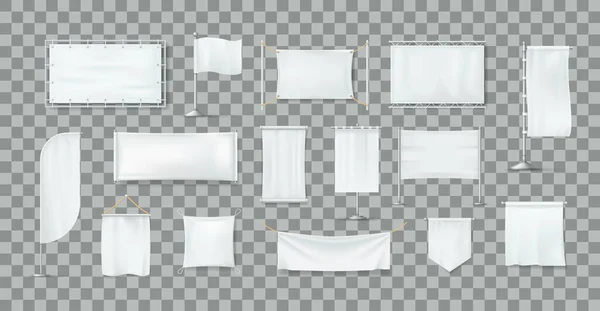 Realistické Bílé Textilní Transparenty Bavlněné Textilní Transparenty Prázdné Vlajky Reklamní — Stockový vektor