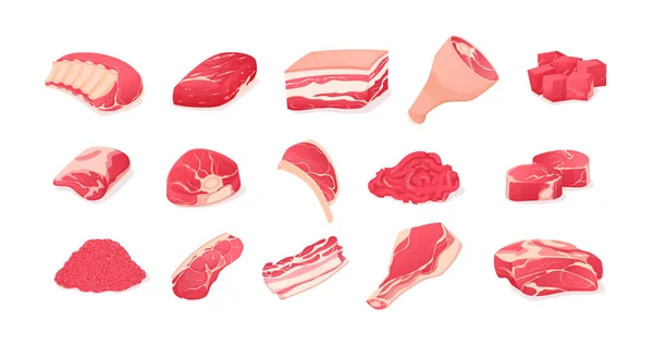 Viande Steaks Frais Ensemble Charcuterie Viande Saucisses Cervelat Steak Viande — Image vectorielle