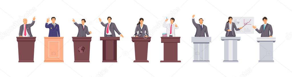 Business person on tribunes set. Public orator speaking making presentation speech with microphone graph diagram scheme. People performance at lecture political agitation or seminar flat vector