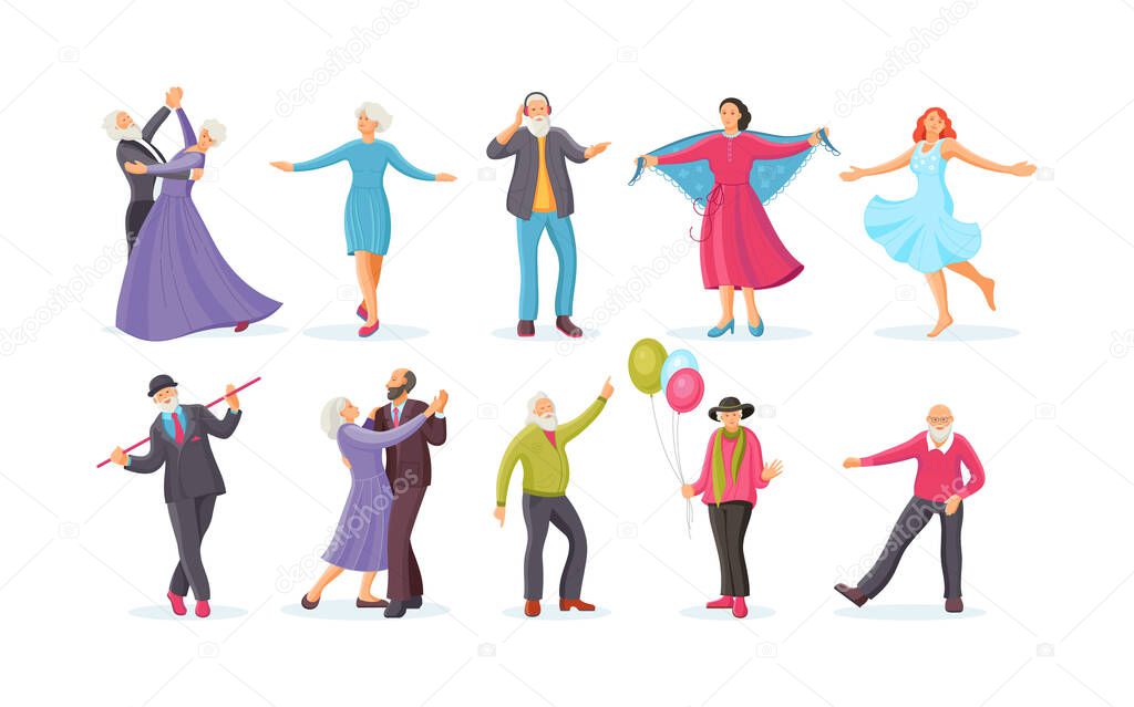 Old dancing people. Elderly man and woman senior aged persons dance. Happy active elderly couple on music party together and singly. Dancers grandmother and grandfather cartoon vector