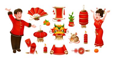 Chinese traditional Happy New Year set. China ethnic element lantern, dragon, mask, red burning candles, amulet, bamboo, fan, rat, man and woman in national apparel. Asia festive holiday flat vector vector Chinese traditional Happy New Year set. China ethnic element lantern, dragon, mask, red burning candles, amulet, bamboo, fan, rat, man and woman in national apparel. Asia festive holiday flat vector vector