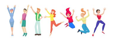 Mutlu zıplayan insanlar dansı. Arkadaşlar, genç kızlar birlikte atlıyor, insanlar birlikte dans ediyor, uçuyor, gülüyor, gülümsüyor. Mutlu arkadaşlar disko şirketi partisi. Takım çalışması başarı vektörünü kavra
