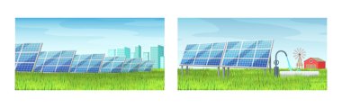 Yaz mevsiminde çevre dostu güneş enerjisi. Şehir ve banliyö elektrik ve su üretimi. Paneli ve yel değirmeni deposu var. Çevre korunmuş modern teknoloji vektör düzlüğü
