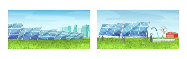 Eco Friendly Solar Energy Summer Natural Landscape Set Urban Suburban — Stock Vector