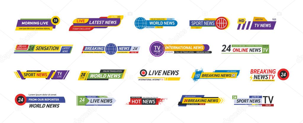 TV title news bar logos, television, radio channels, news feeds. Banner of live television broadcast media title, streaming show news sport channel media tv bar vector isolated