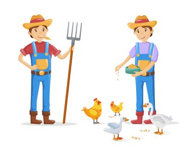 Bir grup çiftçi, tarım işçisi karakterler. Ellerinde yabayla tarlalarda çalışan çiftçiler. İnsan evcil hayvanları besler. Tarım bahçıvanı, tarım işçisi karakterler. Vektör illüstrasyonu.