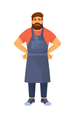 Önlüklü ve aksesuarlı sakallı hippi berber. Berberdeki profesyonel kuaför kuaförde saç kesimi ve stil yapmaya hazır. Güzellik, sağlıklı yaşam tarzı. Vektör illüstrasyonu.