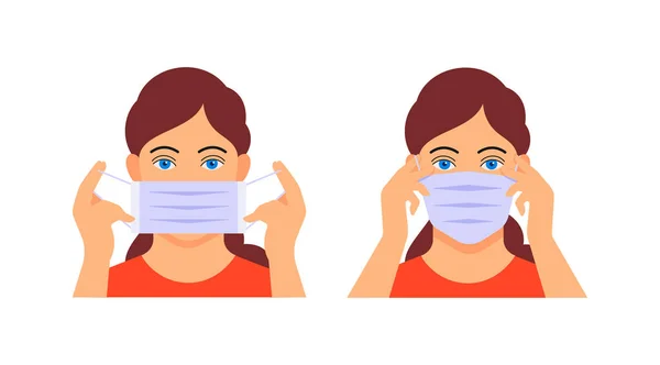 How Wear Medical Mask Girl Puts Protective Medical Mask Face — Stock Vector