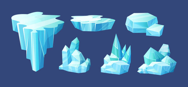 Кристаллы льда, обломки льда айсберга, сосульки, холодные замороженные блоки ледяной горы, зимний пейзаж для игрового дизайна
