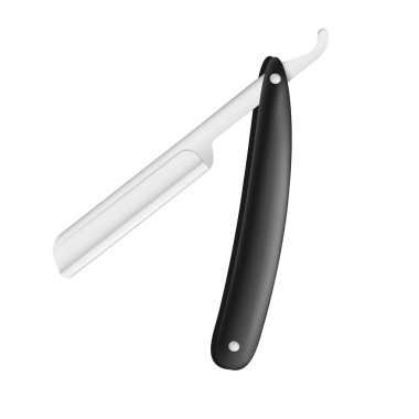 Berber dükkanı ve kuaför için tıraş etmek için gerçekçi bir çelik ustura. Ustura maketi, banyo için tıraş aksesuarları pürüzsüz deri vektörü için tüy ayıklama