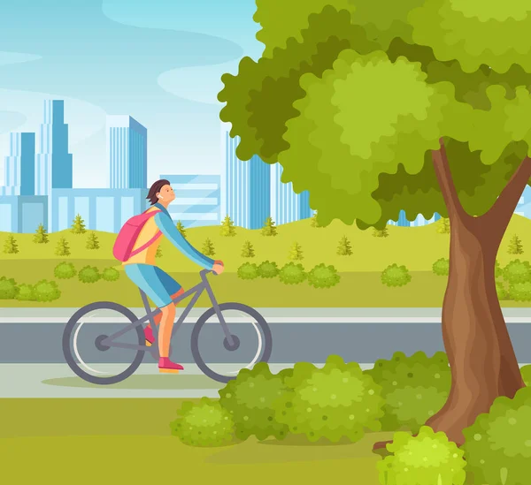 사람들은 여름철의 날씨에 블루투스의 머리장식이 자전거를 공원을 다닌다 활동적 스포츠 — 스톡 벡터