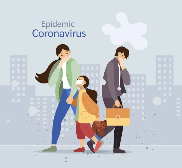 Coronavirus Kina Grupp Personer Med Barn Bär Skyddande Ansiktsmasker Skydd — Stock vektor