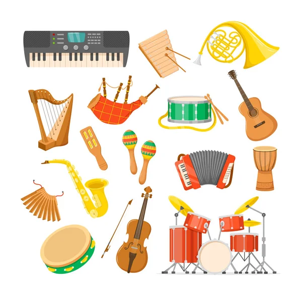 Set Classical Musical Metal Wood Acoustic Instruments Tambourine Drums Acoustic — Stock Vector