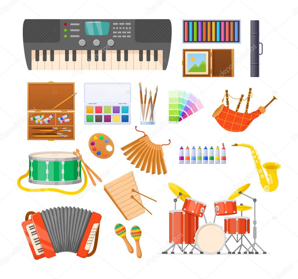 Musical and artistic instruments. Paint arts tool kit, design artists supplies and classical musical metal wood acoustic instruments cartoon vector illustration