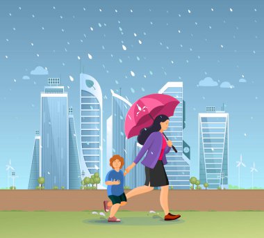 Yılın farklı zamanlarında farklı havalarda çocuklu bir aile. Anne ve oğlu yağmurda şemsiyeyle gökdelenlerin ve şehirli akıllı şehir karikatür vektörlerinin arka planında koşuyorlar.
