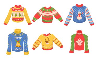 Şirin, sıcak, örülü süveter takımı. Noel süveterleri, şenlikli kış yıllarının süsleri geyik, kardan adam, kar taneleri, çan, ladin çizgi film çizimleri.
