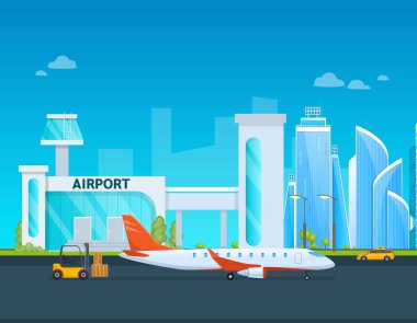 Havaalanı terminali binası, uçaklar, taksi, araba, yükleyici. Modern şehir arka planında uçak pistte. Modern mimari yapı havalimanı seti. Toplu taşıma, taksi vagonları vektör