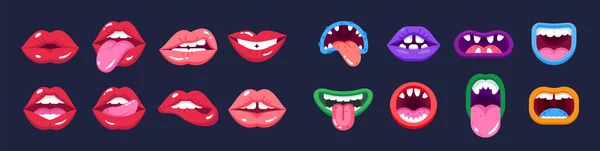 Seksuele Vrouw Monstermonden Rode Lippen Enge Monstertanden Sexy Vrouw Lippen — Stockvector