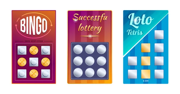 Set Biglietti Della Lotteria Gratta Vinci Giochi Della Lotteria Carte — Vettoriale Stock