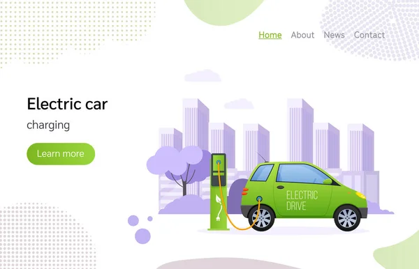电动汽车在加油站充电 生态上清洁的交通工具 绿色能源概念着陆页矢量说明 — 图库矢量图片