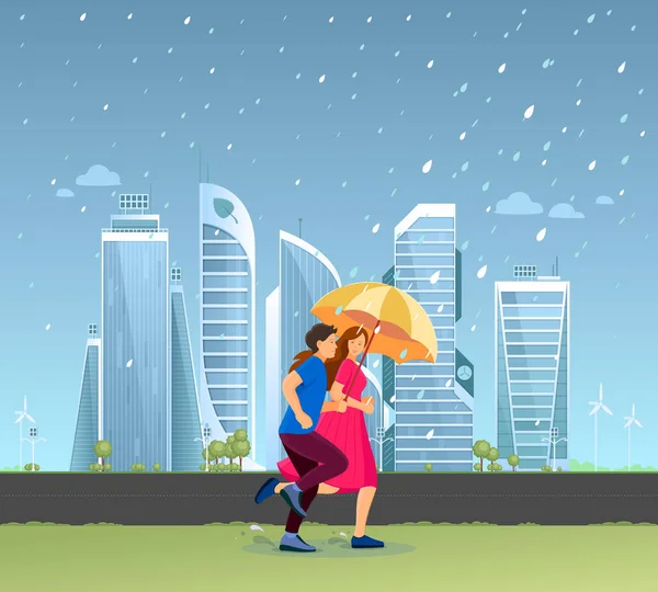 雨の中でグループの人々 高層ビルや都会のスマートシティ漫画のベクトルを背景に水たまりを通って家に急いで秋の雨の日に実行されている傘を持つカップル一緒に男と女 — ストックベクタ