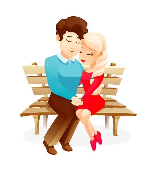 Happy Valentine Day Love Day Couple Love Sitting Hugging Bench — Stock Vector