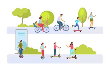Tekme scooter, jiroskop, bisiklet, kaykay kullanan insanlar. İnsanlar bir arada aile çocukları şehir parkında aktif yaşam tarzı spor temsilciliğinde rahatlar.
