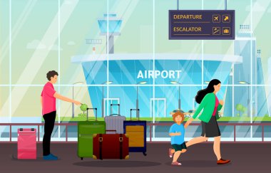 Havaalanı terminalinde bekleyen yolcular. Yolcular, bagajlar, bavullar ve çantalarla gelmek ve gitmek için bekliyorlar. Çocuklu bir kadın vektör göndermeden önce geç saatte uçuyor.