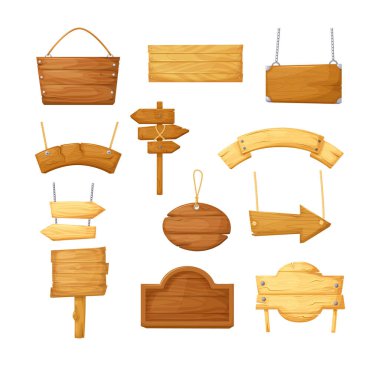 Tahta levhalar boş, levhalar boş. Boş ya da boş, zincirli tahta halatlar ve cıvatalar. Tahta retro levha çivili bir ok, mesajlar için ipler veya çizgi film vektörü